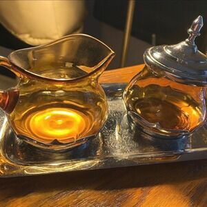 Vintage Farber Bros Krome-Kraft Amber Glass Creamer Sugar & Tray Chrome Deco‎